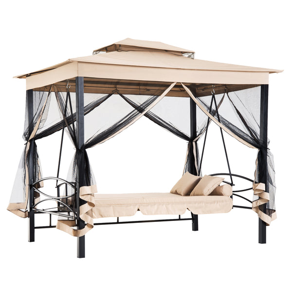 3 Person Outdoor Patio Daybed, 3 in 1 Canopy Gazebo Swing Chair Garden Hammock with Sun Shade, Mesh Mosquito and Net, Beige