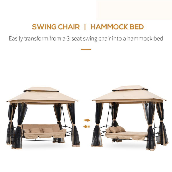3 Person Outdoor Patio Daybed, 3 in 1 Canopy Gazebo Swing Chair Garden Hammock with Sun Shade, Mesh Mosquito and Net, Beige