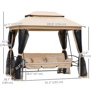 3 Person Outdoor Patio Daybed, 3 in 1 Canopy Gazebo Swing Chair Garden Hammock with Sun Shade, Mesh Mosquito and Net, Beige