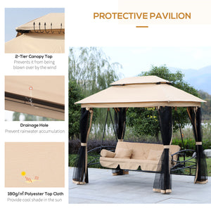 3 Person Outdoor Patio Daybed, 3 in 1 Canopy Gazebo Swing Chair Garden Hammock with Sun Shade, Mesh Mosquito and Net, Beige