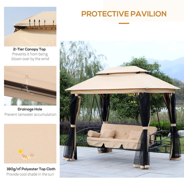 3 Person Outdoor Patio Daybed, 3 in 1 Canopy Gazebo Swing Chair Garden Hammock with Sun Shade, Mesh Mosquito and Net, Beige