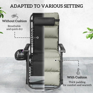 Reclining Zero Gravity Chair with Adjustable Backrest, Folding Garden Sun Lounger with Removable Cushion, Headrest Cup Phone Holder Tray, Set of 2, Grey