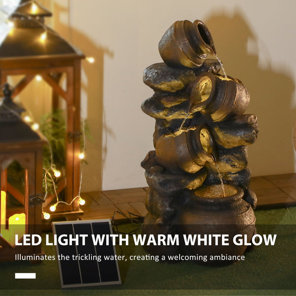 28.3" Tall Solar Powered Outdoor Water Fountain, 4-Tier Floor Standing Resin Cascading Jars and Stacked Stones Waterfall Fountain with LED Lights and Pump for Garden, Patio, Backyard