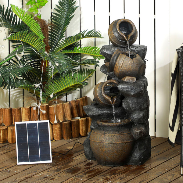 28.3" Tall Solar Powered Outdoor Water Fountain, 4-Tier Floor Standing Resin Cascading Jars and Stacked Stones Waterfall Fountain with LED Lights and Pump for Garden, Patio, Backyard