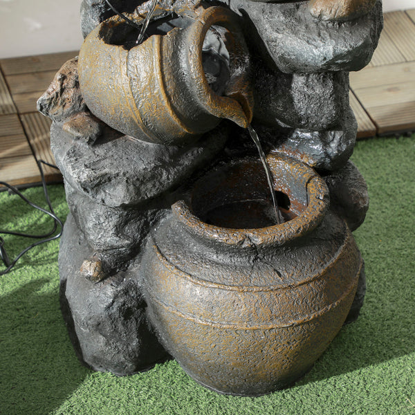 28.3" Tall Solar Powered Outdoor Water Fountain, 4-Tier Floor Standing Resin Cascading Jars and Stacked Stones Waterfall Fountain with LED Lights and Pump for Garden, Patio, Backyard