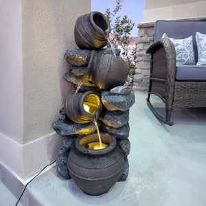 28.3" Tall Solar Powered Outdoor Water Fountain, 4-Tier Floor Standing Resin Cascading Jars and Stacked Stones Waterfall Fountain with LED Lights and Pump for Garden, Patio, Backyard