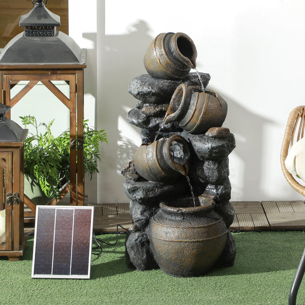 28.3" Tall Solar Powered Outdoor Water Fountain, 4-Tier Floor Standing Resin Cascading Jars and Stacked Stones Waterfall Fountain with LED Lights and Pump for Garden, Patio, Backyard