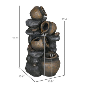 28.3" Tall Solar Powered Outdoor Water Fountain, 4-Tier Floor Standing Resin Cascading Jars and Stacked Stones Waterfall Fountain with LED Lights and Pump for Garden, Patio, Backyard