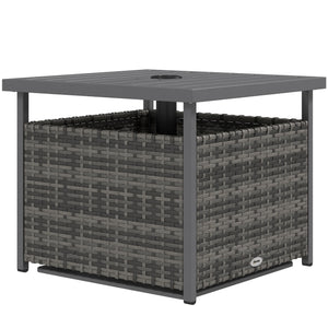 21.75" Outdoor Rattan Wicker Patio Coffee Table with Umbrella Hole, Patio Side Table with Slatted Metal Top, Suitable for Garden, Backyard, Mixed-Grey