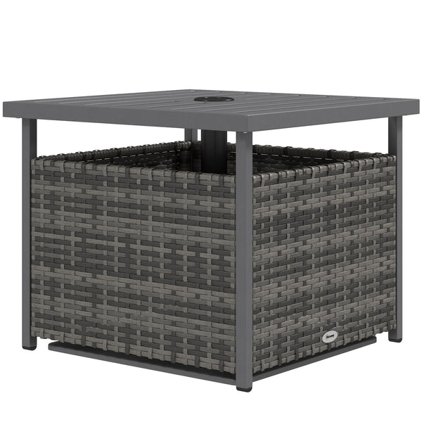 21.75" Outdoor Rattan Wicker Patio Coffee Table with Umbrella Hole, Patio Side Table with Slatted Metal Top, Suitable for Garden, Backyard, Mixed-Grey