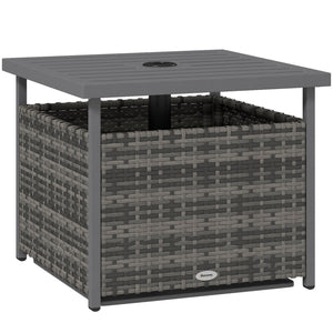 21.75" Outdoor Rattan Wicker Patio Coffee Table with Umbrella Hole, Patio Side Table with Slatted Metal Top, Suitable for Garden, Backyard, Mixed-Grey