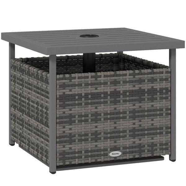 21.75" Outdoor Rattan Wicker Patio Coffee Table with Umbrella Hole, Patio Side Table with Slatted Metal Top, Suitable for Garden, Backyard, Mixed-Grey