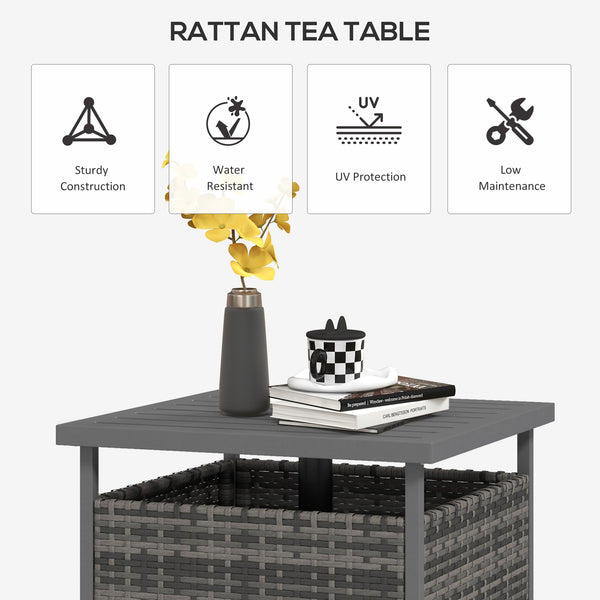 21.75" Outdoor Rattan Wicker Patio Coffee Table with Umbrella Hole, Patio Side Table with Slatted Metal Top, Suitable for Garden, Backyard, Mixed-Grey