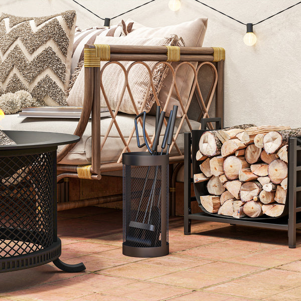 Fireplace Tools Set 5 Pieces Metal Fire Place Kit, Outdoor Indoor Fireside Accessories with Brush, Shovel, Poker, A Pair of Tongs, Mesh Basket, Black