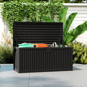 140 Gallon Deck Box, Fluted Resin Outdoor Storage Box with Gas Struts, Waterproof and UV Resistant Storage Container for Garden Tools and Pool Supplies, Black