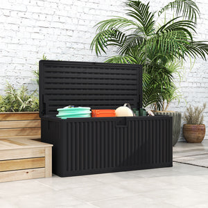 140 Gallon Deck Box, Fluted Resin Outdoor Storage Box with Gas Struts, Waterproof and UV Resistant Storage Container for Garden Tools and Pool Supplies, Black