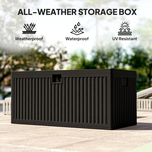 140 Gallon Deck Box, Fluted Resin Outdoor Storage Box with Gas Struts, Waterproof and UV Resistant Storage Container for Garden Tools and Pool Supplies, Black