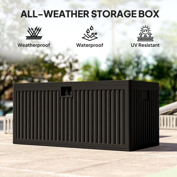 140 Gallon Deck Box, Fluted Resin Outdoor Storage Box with Gas Struts, Waterproof and UV Resistant Storage Container for Garden Tools and Pool Supplies, Black