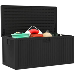 140 Gallon Deck Box, Fluted Resin Outdoor Storage Box with Gas Struts, Waterproof and UV Resistant Storage Container for Garden Tools and Pool Supplies, Black