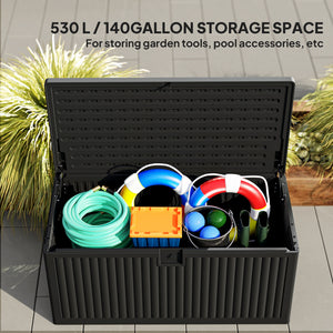 140 Gallon Deck Box, Fluted Resin Outdoor Storage Box with Gas Struts, Waterproof and UV Resistant Storage Container for Garden Tools and Pool Supplies, Black