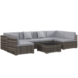 7 Pieces PE Rattan Garden Furniture Set with Thick Padded Cushion, Patio Garden Corner Sofa Sets with Glass Coffee Table and Pillows, Buckle Structure, Grey