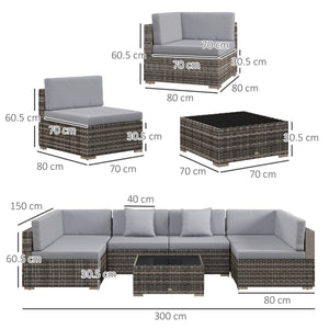 7 Pieces PE Rattan Garden Furniture Set with Thick Padded Cushion, Patio Garden Corner Sofa Sets with Glass Coffee Table and Pillows, Buckle Structure, Grey