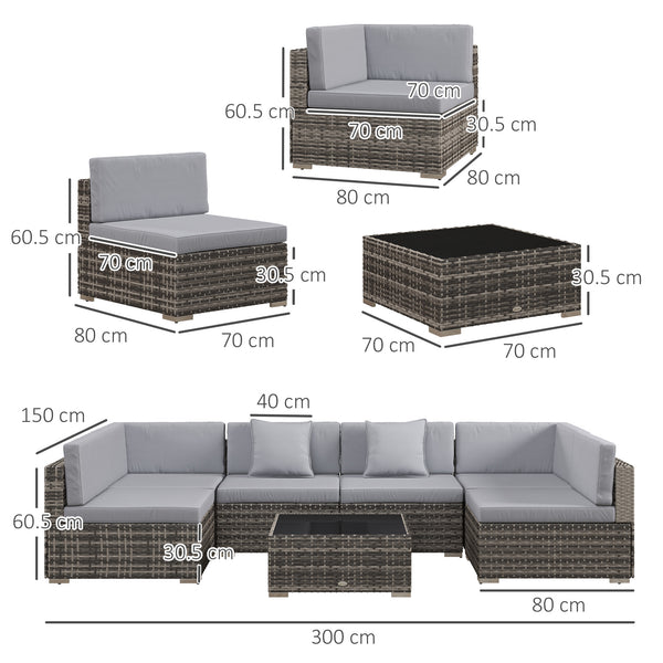 7 Pieces PE Rattan Garden Furniture Set with Thick Padded Cushion, Patio Garden Corner Sofa Sets with Glass Coffee Table and Pillows, Buckle Structure, Grey