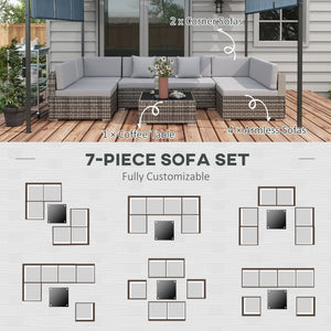 7 Pieces PE Rattan Garden Furniture Set with Thick Padded Cushion, Patio Garden Corner Sofa Sets with Glass Coffee Table and Pillows, Buckle Structure, Grey