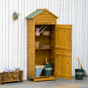 Wooden Garden Storage Shed Utility Gardener Cabinet w/ 3 Shelves, Tilted-felt Roof and Two Lockable Doors, 79cm x 49cm x 191.5cm, Natural wood effect
