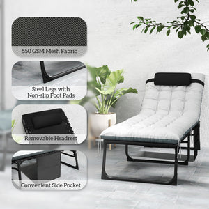 Folding Outdoor Lounge Chair Set of 2, 5-Position Reclining Patio Chaise Lounge Chairs, Tanning Chair with Cushion, Headrest, Side Pocket for Beach, Poolside, Black/Grey
