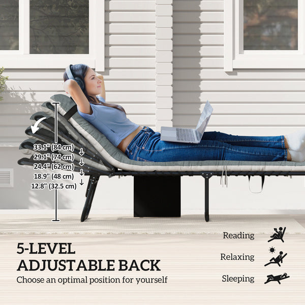 Folding Outdoor Lounge Chair Set of 2, 5-Position Reclining Patio Chaise Lounge Chairs, Tanning Chair with Cushion, Headrest, Side Pocket for Beach, Poolside, Black/Grey