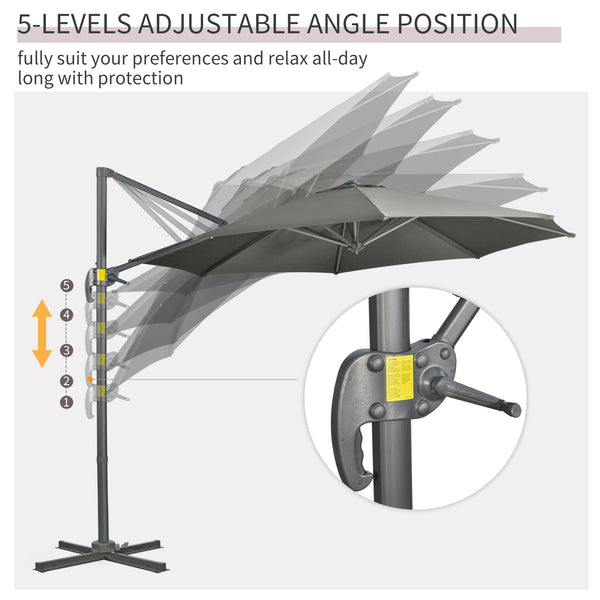 3 x 3(m) Cantilever Parasol with Cross Base, Garden Umbrella with 360° Rotation, Crank Handle and Tilt for Outdoor, Patio, Grey