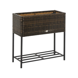 Modern Elevated Metal Raised Garden Bed with Rattan Wicker Look, Underneath Tool Storage Rack, Brown