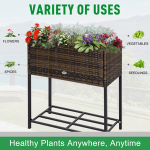 Modern Elevated Metal Raised Garden Bed with Rattan Wicker Look, Underneath Tool Storage Rack, Brown