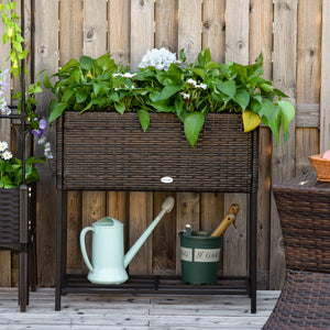 Modern Elevated Metal Raised Garden Bed with Rattan Wicker Look, Underneath Tool Storage Rack, Brown