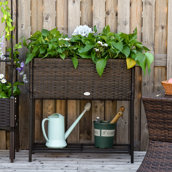 Modern Elevated Metal Raised Garden Bed with Rattan Wicker Look, Underneath Tool Storage Rack, Brown