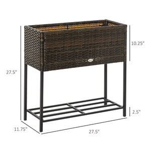 Modern Elevated Metal Raised Garden Bed with Rattan Wicker Look, Underneath Tool Storage Rack, Brown