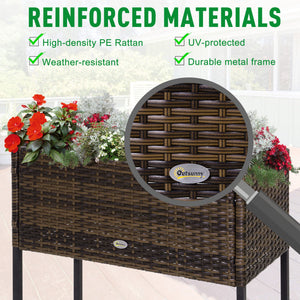 Modern Elevated Metal Raised Garden Bed with Rattan Wicker Look, Underneath Tool Storage Rack, Brown