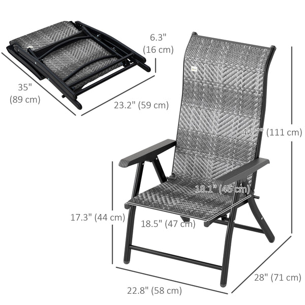Set of 2 Outdoor Wicker Folding Chairs, Patio PE Rattan Dining Armrests Chair set with 7 Levels Adjustable Backrest, for Outdoors, Camping, Mixed Grey