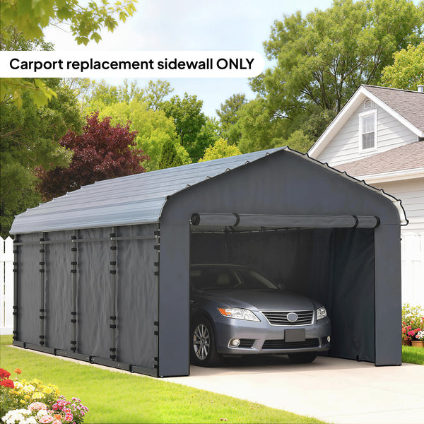 Carport Replacement Canopy Cover Sidewalls for 10' x 15' Carport, UPF50+ Waterproof PE Garage Car Tent Shelter Tarp with Roll up Door, Sidewall ONLY, Dark Grey