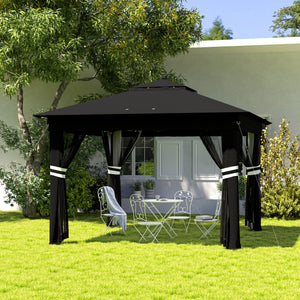 3 x 3(m) Pop Up Gazebo with Sides, 20 Solar-Powered LED Lights, Netting, Roller Bag, 4 Weight Bags, Marquee Party Tent, Height Adjustable Instant Event Shelter, Black