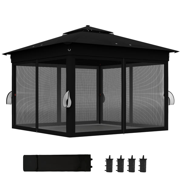 3 x 3(m) Pop Up Gazebo with Sides, 20 Solar-Powered LED Lights, Netting, Roller Bag, 4 Weight Bags, Marquee Party Tent, Height Adjustable Instant Event Shelter, Black