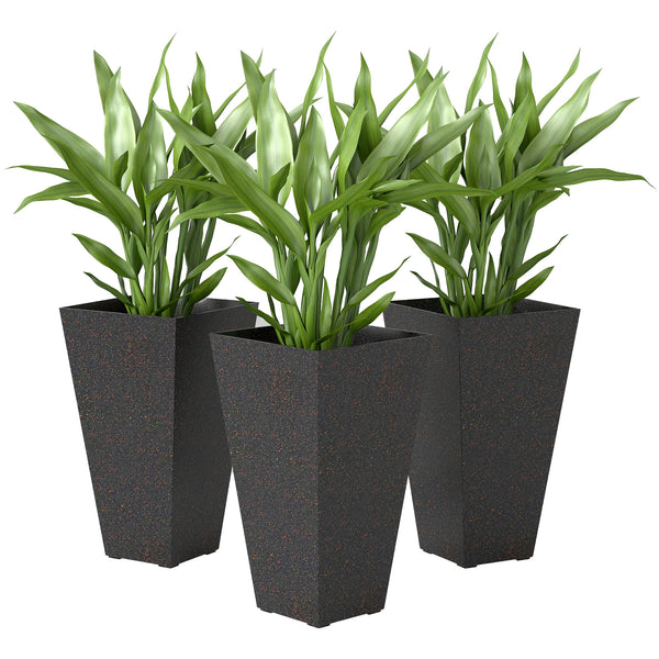 28 Inch Tall Planters for Outdoor Plants, Set of 3 Plastic Flower Pots with Marble Finish and Drainage Holes, Stackable Tapered Large Planters for Indoor Plants, Front Porch Decor, Brown