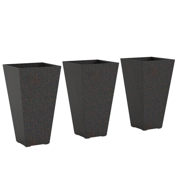 28 Inch Tall Planters for Outdoor Plants, Set of 3 Plastic Flower Pots with Marble Finish and Drainage Holes, Stackable Tapered Large Planters for Indoor Plants, Front Porch Decor, Brown