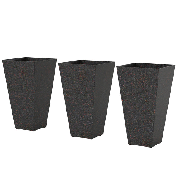 28 Inch Tall Planters for Outdoor Plants, Set of 3 Plastic Flower Pots with Marble Finish and Drainage Holes, Stackable Tapered Large Planters for Indoor Plants, Front Porch Decor, Brown