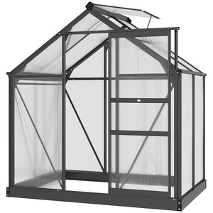 6 x 4ft Polycarbonate Greenhouse, Large Walk-In Green House with Slide Door and Window, Garden Plants Grow House with Aluminium Frame and Foundation, Grey