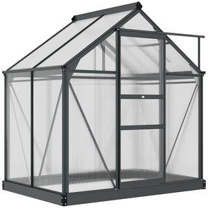 6 x 4ft Polycarbonate Greenhouse, Large Walk-In Green House with Slide Door and Window, Garden Plants Grow House with Aluminium Frame and Foundation, Grey