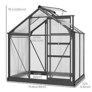 6' x 4' x 6.6' Polycarbonate Greenhouse, Walk-In Green House Kit Garden, Plants Grow, Galvanized Sheet Aluminum Frame with Rain Gutter, Vent and Sliding Door, Grey