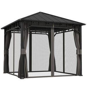 3 x 3(m) Hardtop Gazebo with Galvanised Steel Roof and Water Gutter, Waterproof Permanent Pavilion Garden Gazebo with Netting and Curtains for Patio, Deck