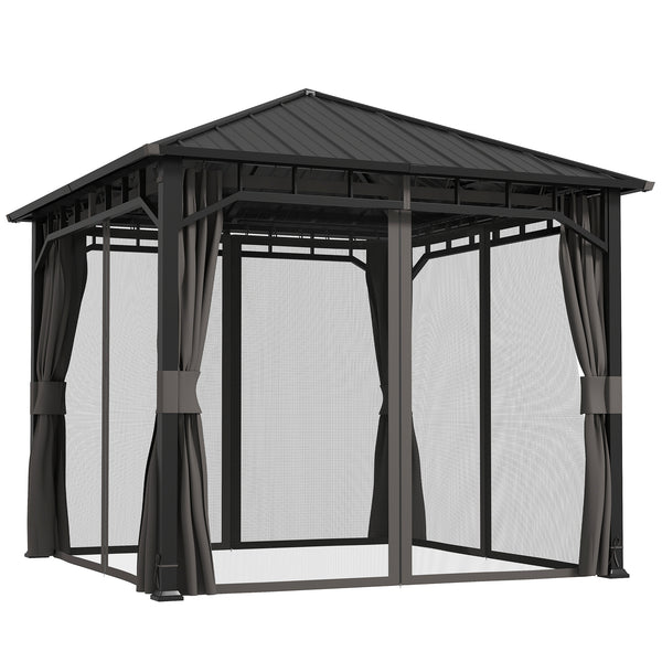 3 x 3(m) Hardtop Gazebo with Galvanised Steel Roof and Water Gutter, Waterproof Permanent Pavilion Garden Gazebo with Netting and Curtains for Patio, Deck